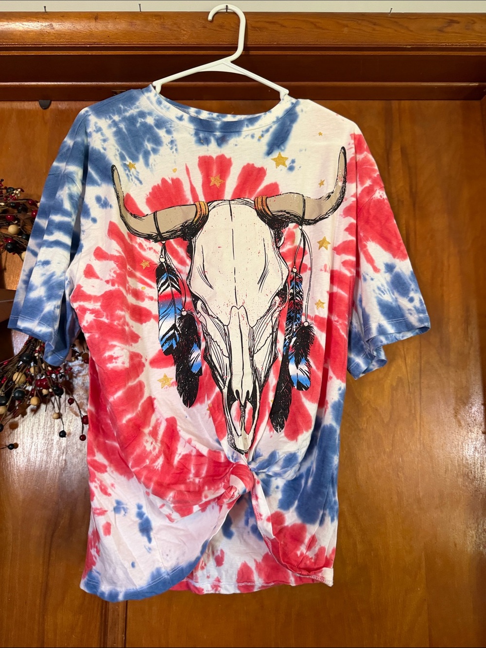 Tie-Dye Skull & Feathers Graphic Tee - Red, White & Blue
